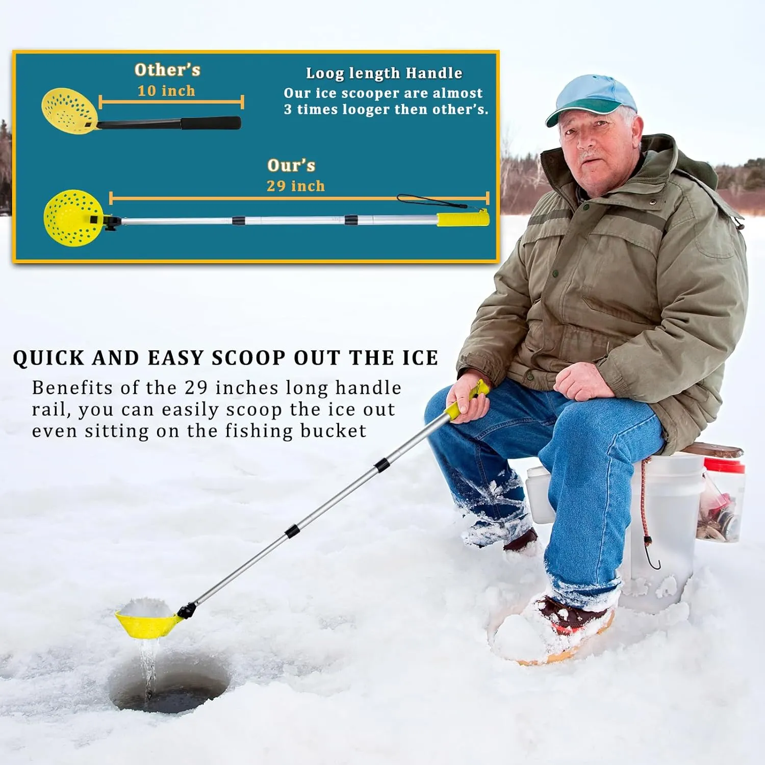 Retractable Ice Fishing Scoop Skimmer, Ice Fishing Accessories, Long Length, And Larger Spoon, No More Bending Over To Scoop Out Ice While Ice Fishing, Ice Fishing Gear, Pack Of 2