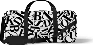 Retro Black and White Continuous Letters Sports Bag Tote Bag Waterproof Gym Bag with Shoulder Strap Zipper 2 Side Pockets for Men and Women, Travel and Storage Shoulder Bag.