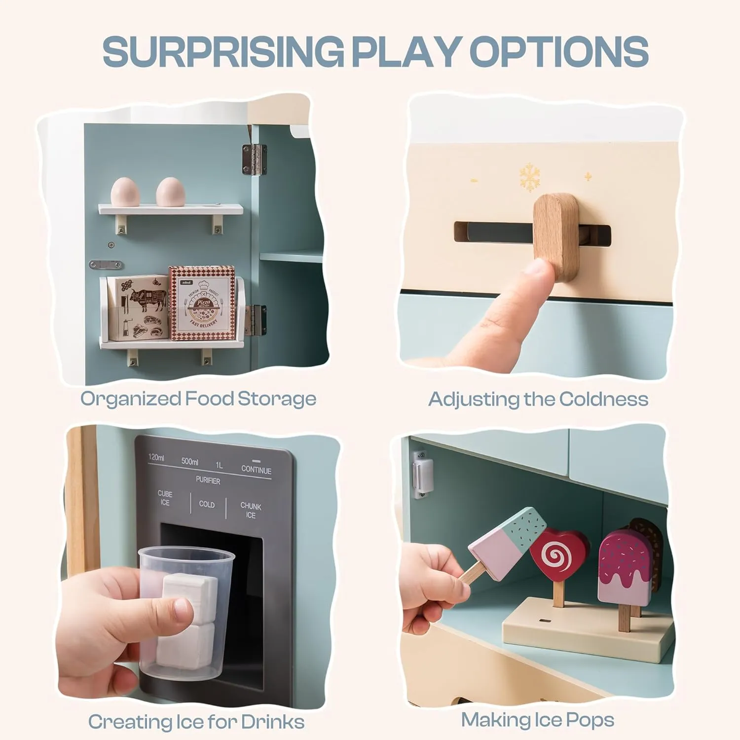 ROBOTIME Toy Kitchen Wooden Fridge, Play Refrigerator for Kids & Toddlers, Wooden Fridge Freezer Set with Ice Maker and Foods, Pretend Play Kitchen Playset for Ages 3 
