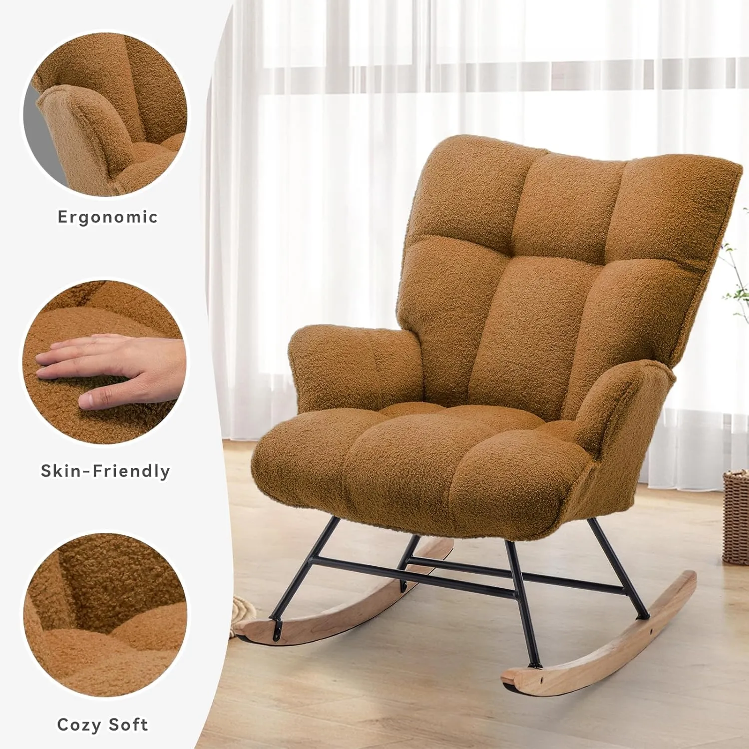 Rocking Chair Nursery Teddy, Upholstered Baby Fluffy Glider Rocker for Adults Small Spaces Indoor, Comfy Sherpa Compact Nursing Chairs for Living Room, Bedroom, Classroom, Brown