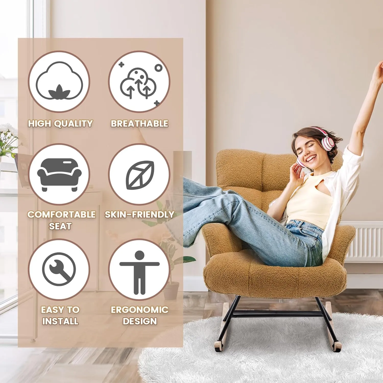 Rocking Chair Nursery Teddy, Upholstered Baby Fluffy Glider Rocker for Adults Small Spaces Indoor, Comfy Sherpa Compact Nursing Chairs for Living Room, Bedroom, Classroom, Brown