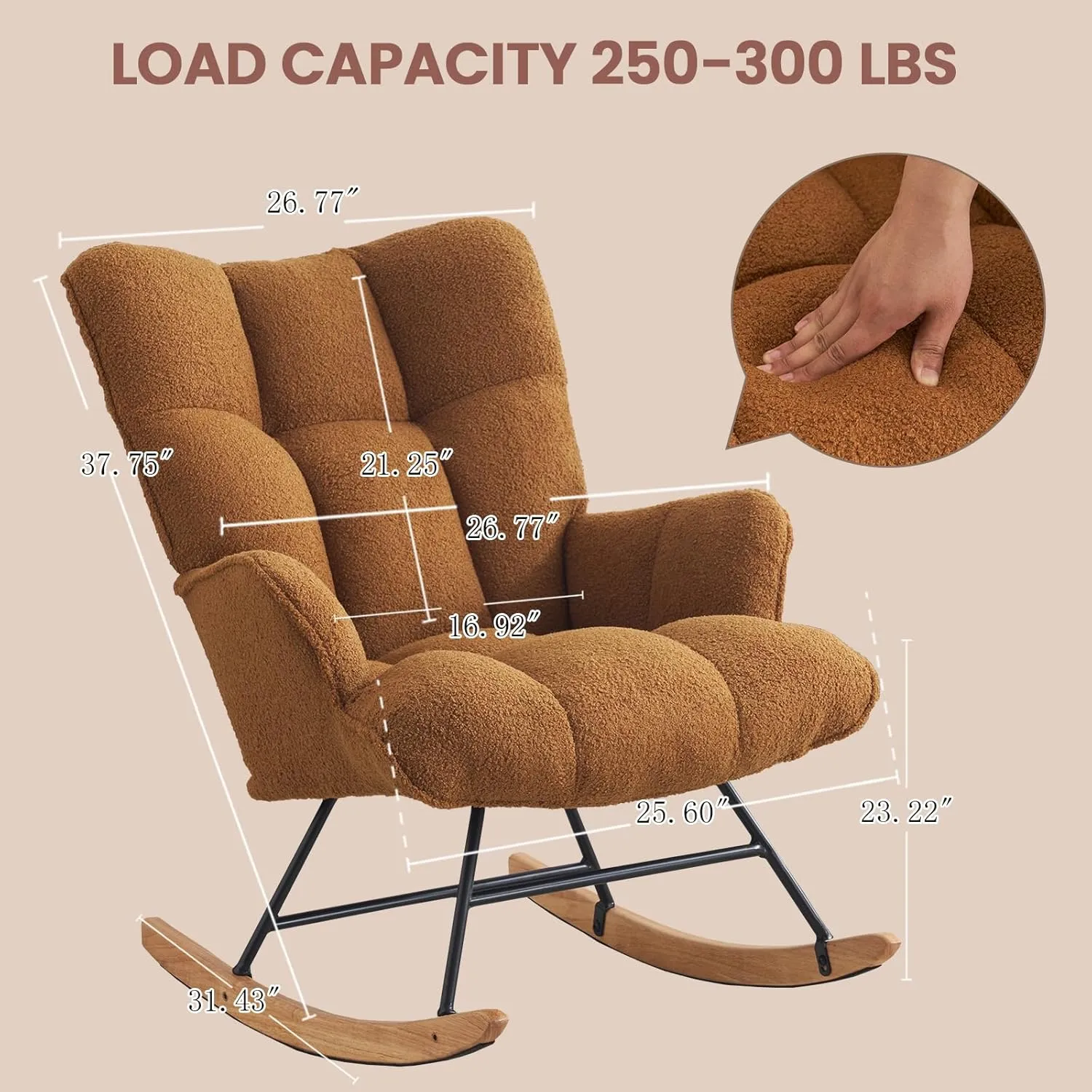 Rocking Chair Nursery Teddy, Upholstered Baby Fluffy Glider Rocker for Adults Small Spaces Indoor, Comfy Sherpa Compact Nursing Chairs for Living Room, Bedroom, Classroom, Brown