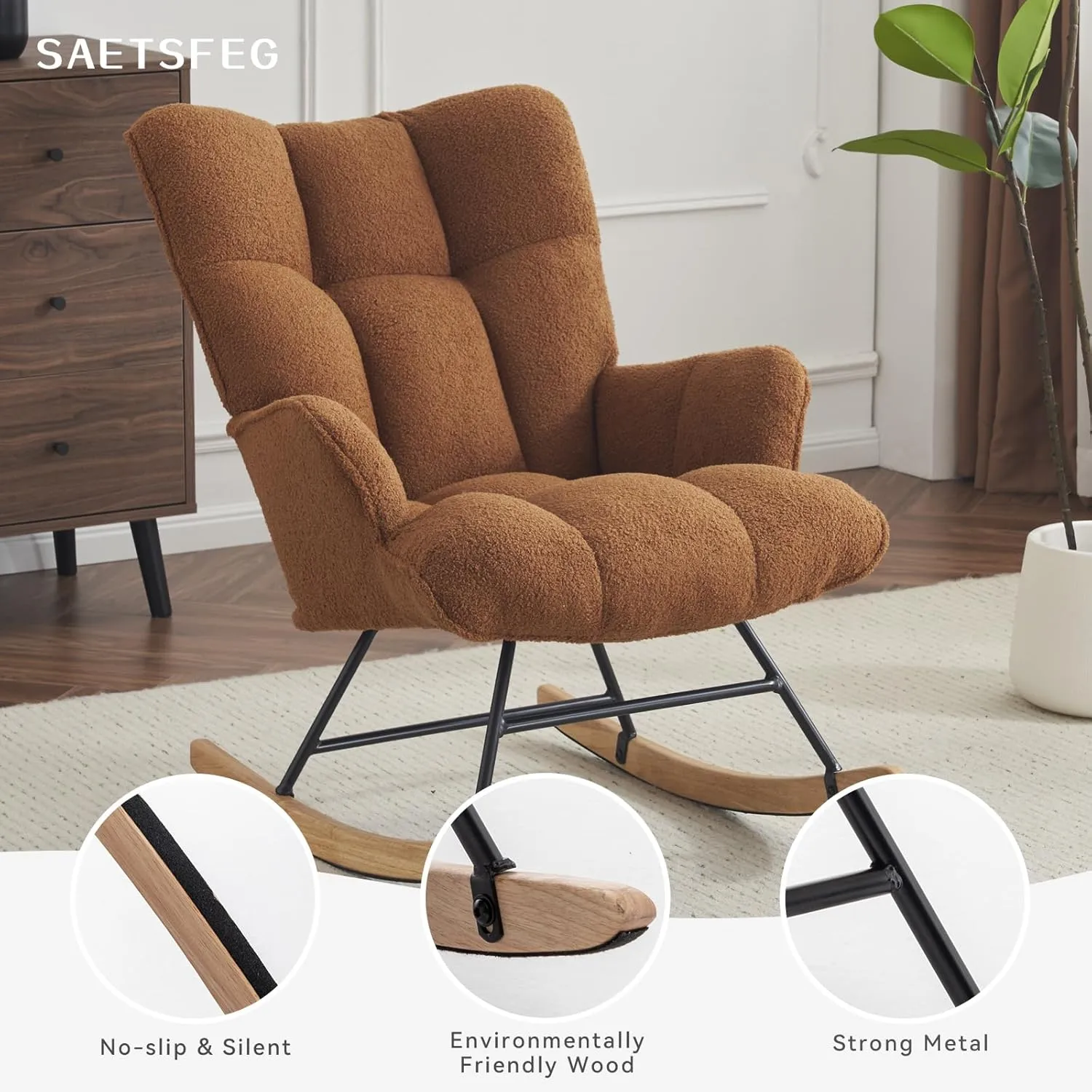 Rocking Chair Nursery Teddy, Upholstered Baby Fluffy Glider Rocker for Adults Small Spaces Indoor, Comfy Sherpa Compact Nursing Chairs for Living Room, Bedroom, Classroom, Brown