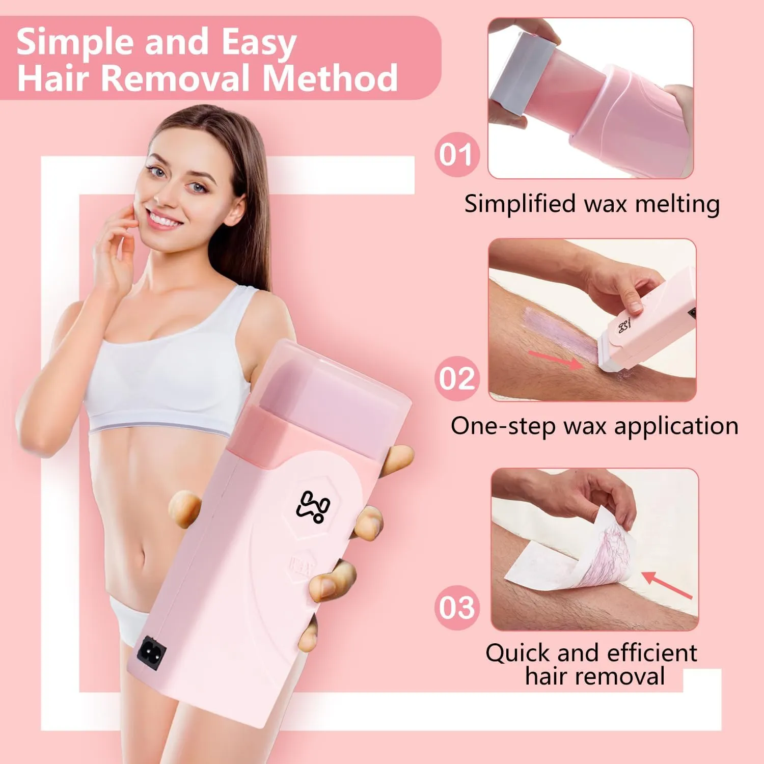 Roll On Wax kit,Waxing Kit for Women, Wax Roller, Roll On Wax Warmer for Hair Removal,at Home Waxing Kit for Women men,Soft Wax Heater for Larger Areas of the Body(pink)