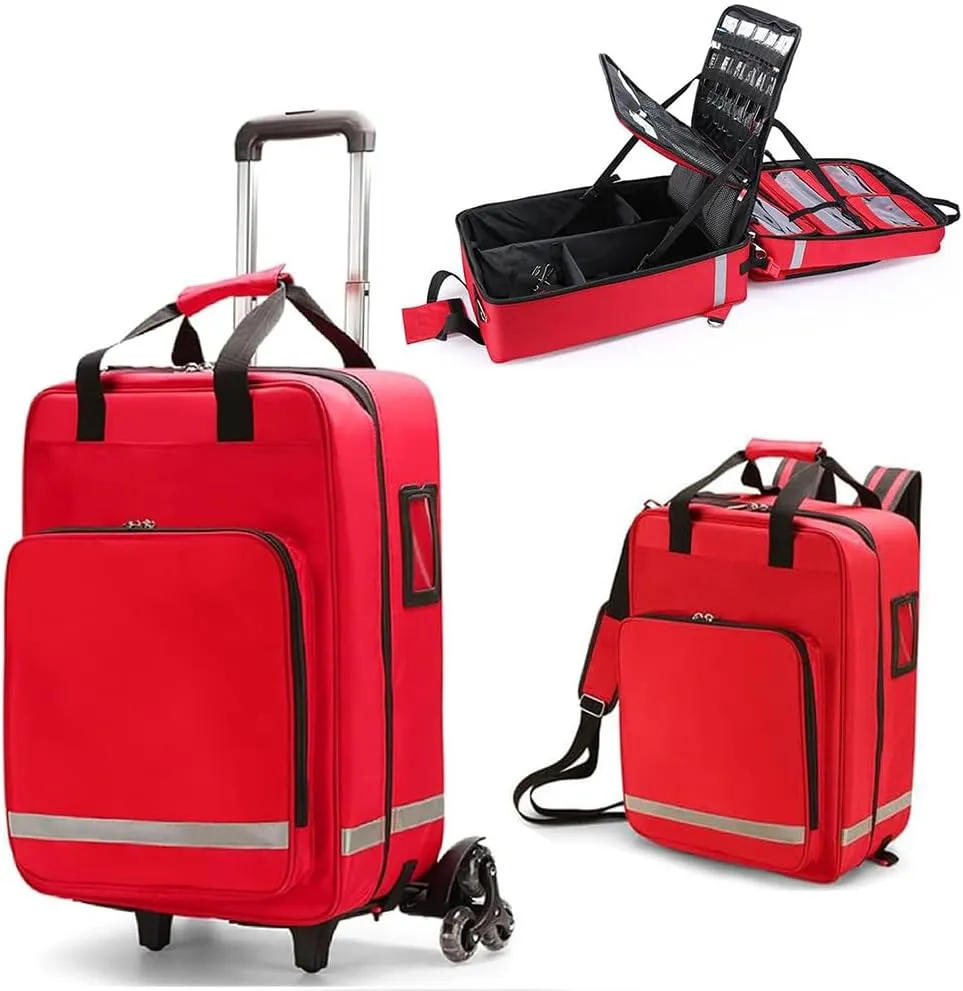 Rolling Medical Bag, Professional First Aid Kits, Nurse Rolling Bag with Removable Dividers, Emergency Responder Trauma Bag, Reflective Strips, for Home, Nurses, Doctors, EMT, EMS