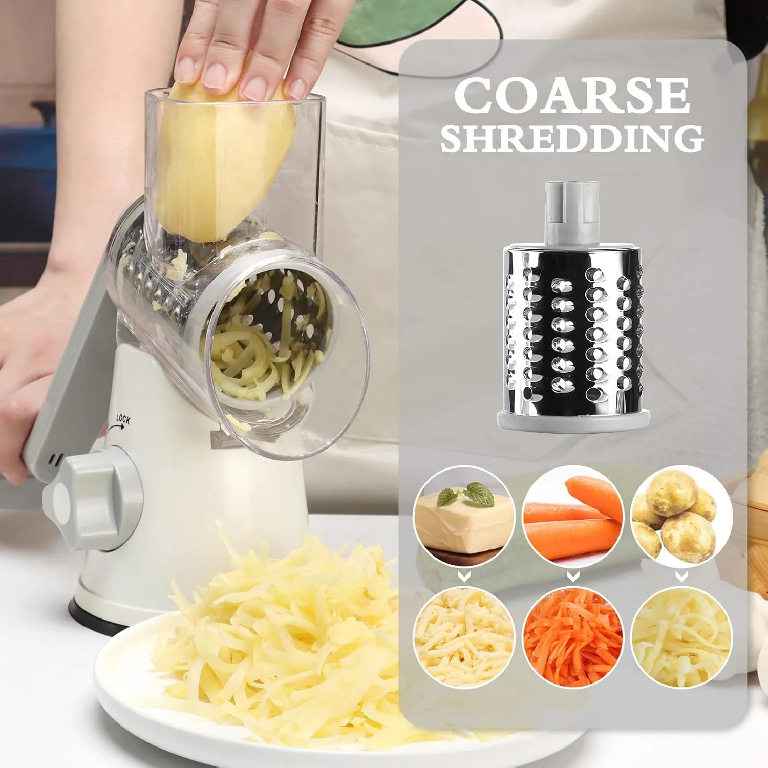 Rotary Cheese Grater with Handle, Kitchen Speed Hand Crank Vegetable Slicer, Potato Hash Brown Shredder Spinning Nut Grinder with 3 Replaceable Stainless Steel Drum Blades (White)