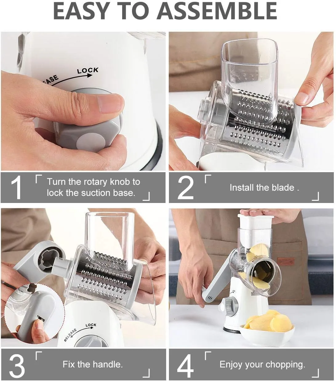 Rotary Cheese Grater with Handle, Kitchen Speed Hand Crank Vegetable Slicer, Potato Hash Brown Shredder Spinning Nut Grinder with 3 Replaceable Stainless Steel Drum Blades (White)