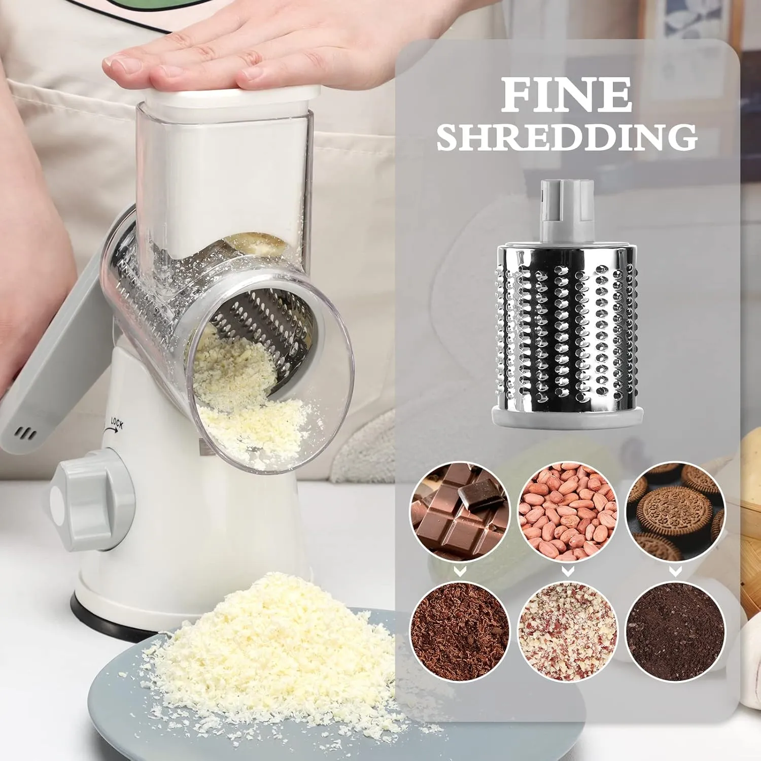 Rotary Cheese Grater with Handle, Kitchen Speed Hand Crank Vegetable Slicer, Potato Hash Brown Shredder Spinning Nut Grinder with 3 Replaceable Stainless Steel Drum Blades (White)