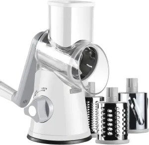 Rotary Cheese Grater with Handle, Kitchen Speed Hand Crank Vegetable Slicer, Potato Hash Brown Shredder Spinning Nut Grinder with 3 Replaceable Stainless Steel Drum Blades (White)
