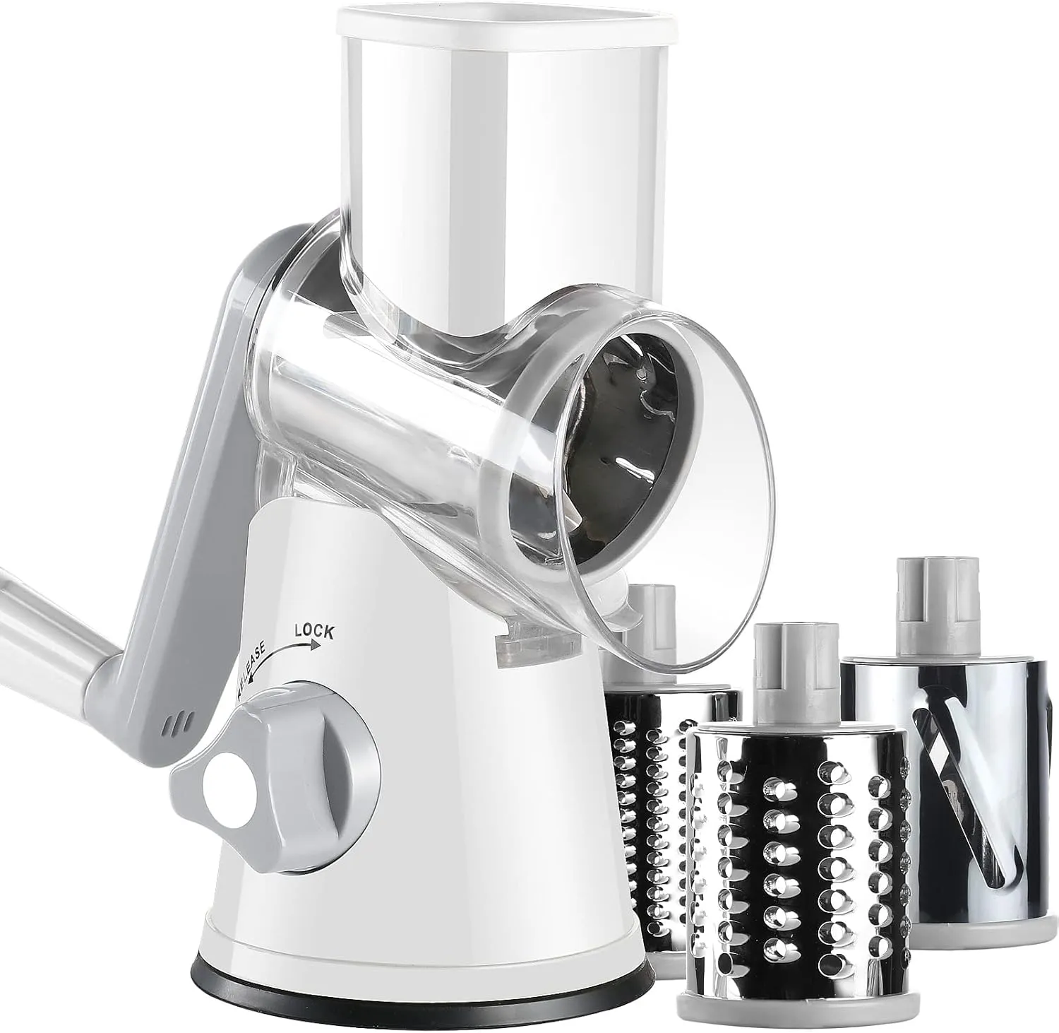 Rotary Cheese Grater with Handle, Kitchen Speed Hand Crank Vegetable Slicer, Potato Hash Brown Shredder Spinning Nut Grinder with 3 Replaceable Stainless Steel Drum Blades (White)