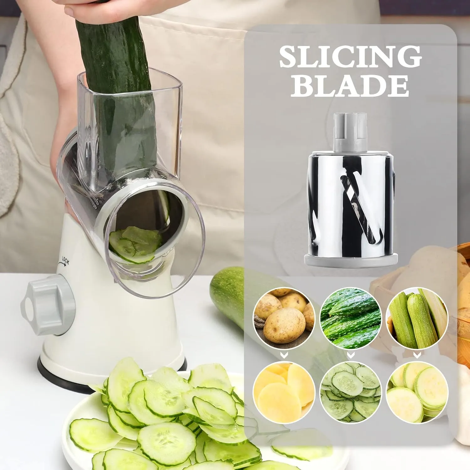 Rotary Cheese Grater with Handle, Kitchen Speed Hand Crank Vegetable Slicer, Potato Hash Brown Shredder Spinning Nut Grinder with 3 Replaceable Stainless Steel Drum Blades (White)