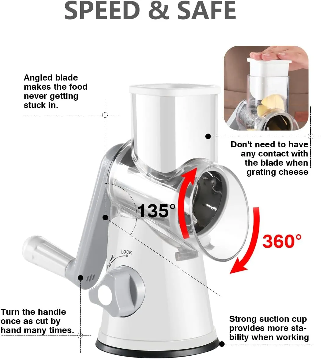 Rotary Cheese Grater with Handle, Kitchen Speed Hand Crank Vegetable Slicer, Potato Hash Brown Shredder Spinning Nut Grinder with 3 Replaceable Stainless Steel Drum Blades (White)