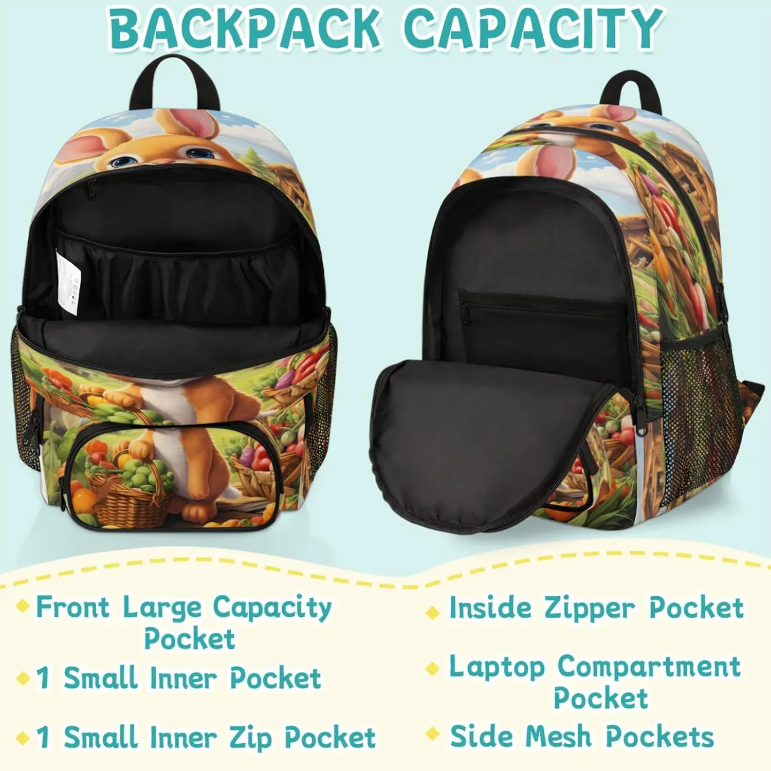Rustic Farmhouse Travel Laptop Backpacks for Women Men, Fruit Rabbit Bunny 16.7" Waterproof Back Pack Casual Daypack for Travel