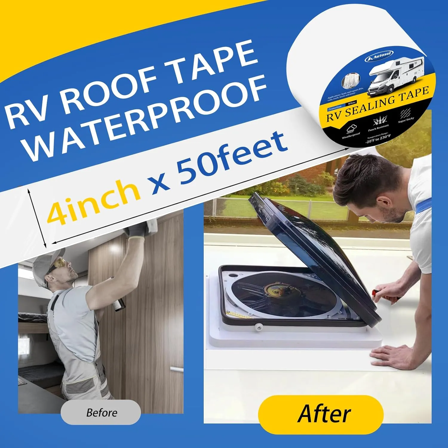 RV Roof Tape White, RV Sealant Tape 4" x 50', Flex Seal Waterproof Tape, RV Tape, Roof Repair Tape for Camper Leaks, RVs, Windows, Boat Sealing, Trucks(2 Rolls)