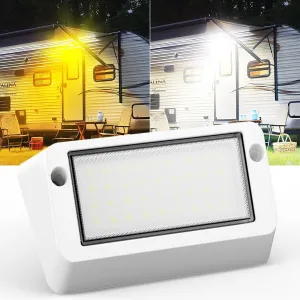 Safoner Aluminum RV LED Porch Light- Dual Color Switchable White & Amber, 1400LM Bright Outdoor Light, IP67 Waterproof 12-30V DC, for Campers, Trailers, Motorhomes (White Housing)- 1 Pack