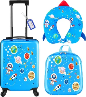 Sanwuta 4 Pcs Kids Luggage Set Kids Backpack Travel Rolling Suitcase with Wheels U-shape Pillow Childrens Gift for Girls Boys(17 Inch,Astronaut Style,Blue)