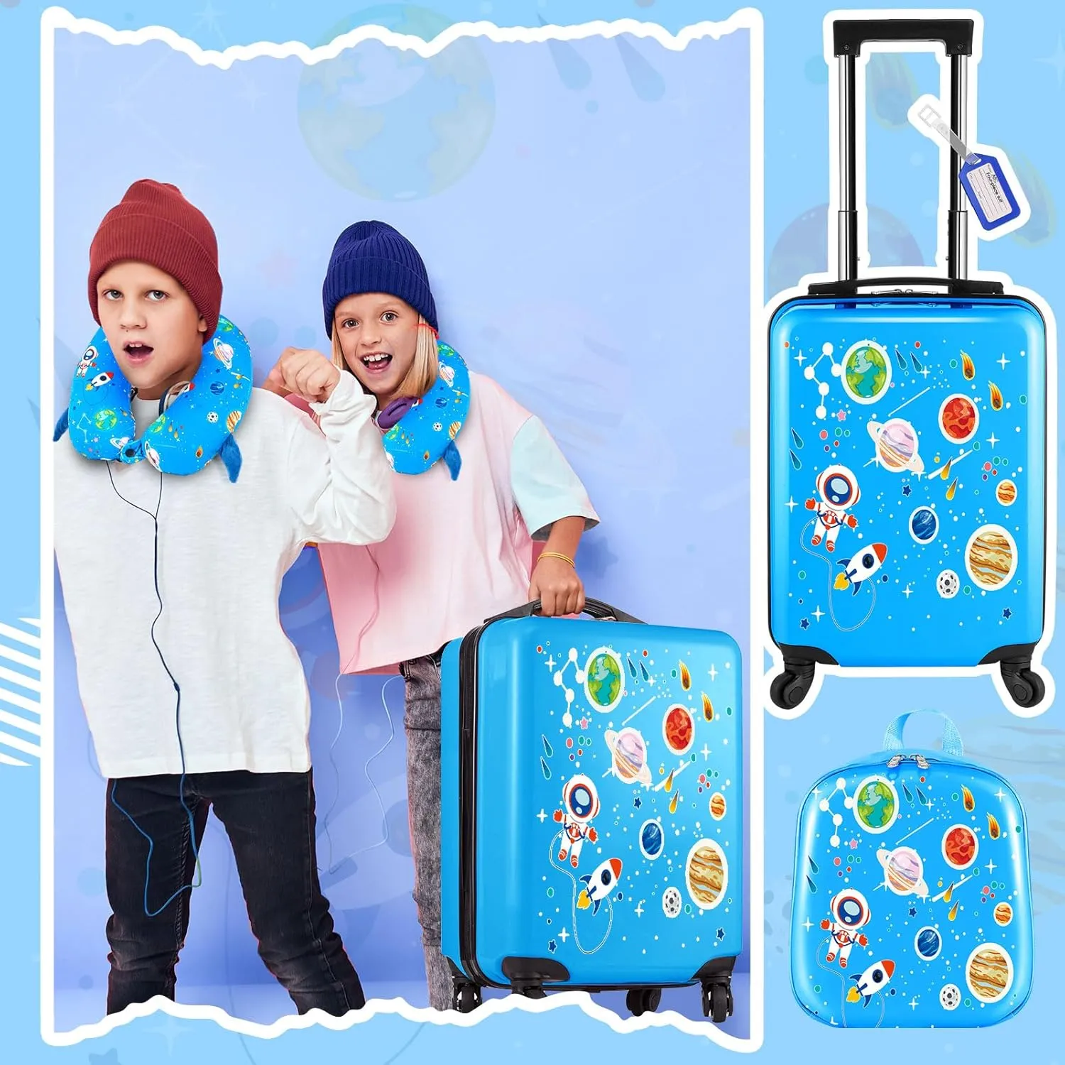 Sanwuta 4 Pcs Kids Luggage Set Kids Backpack Travel Rolling Suitcase with Wheels U-shape Pillow Childrens Gift for Girls Boys(17 Inch,Astronaut Style,Blue)