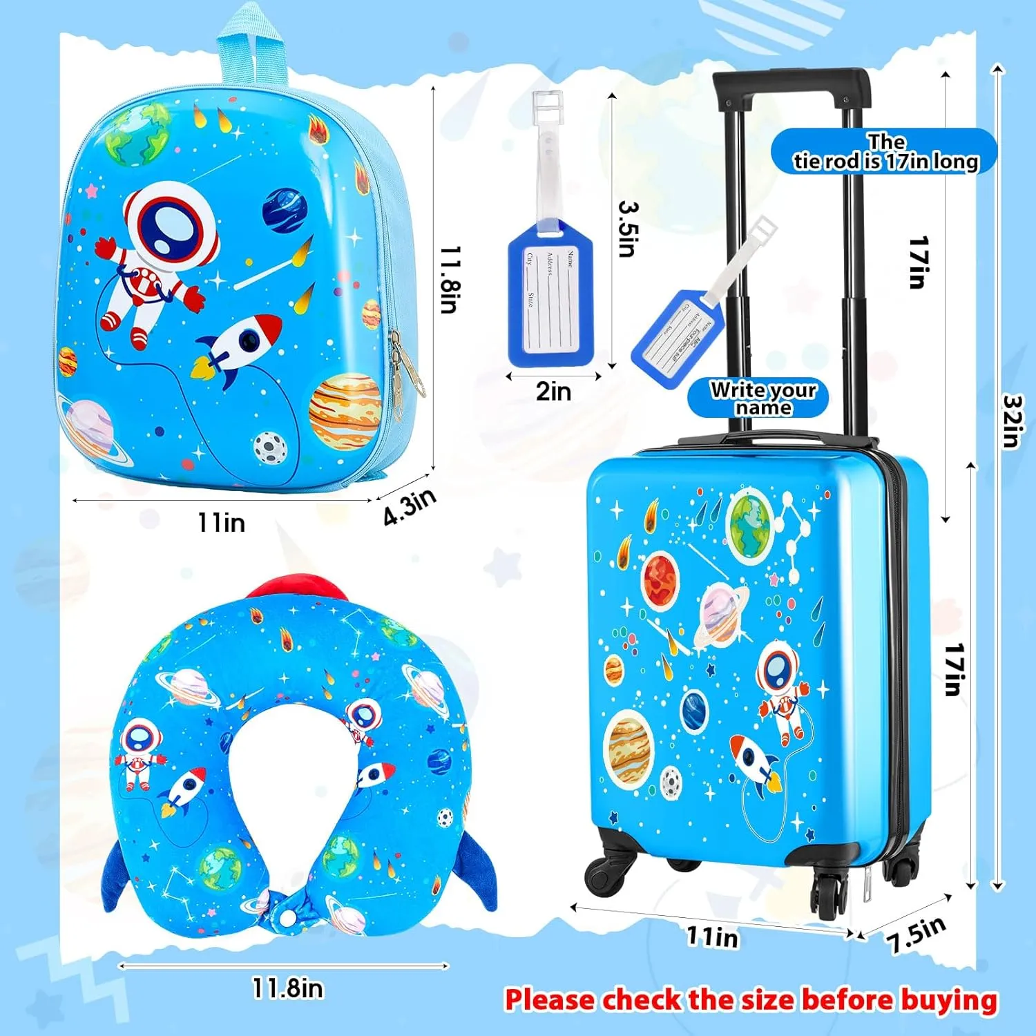 Sanwuta 4 Pcs Kids Luggage Set Kids Backpack Travel Rolling Suitcase with Wheels U-shape Pillow Childrens Gift for Girls Boys(17 Inch,Astronaut Style,Blue)