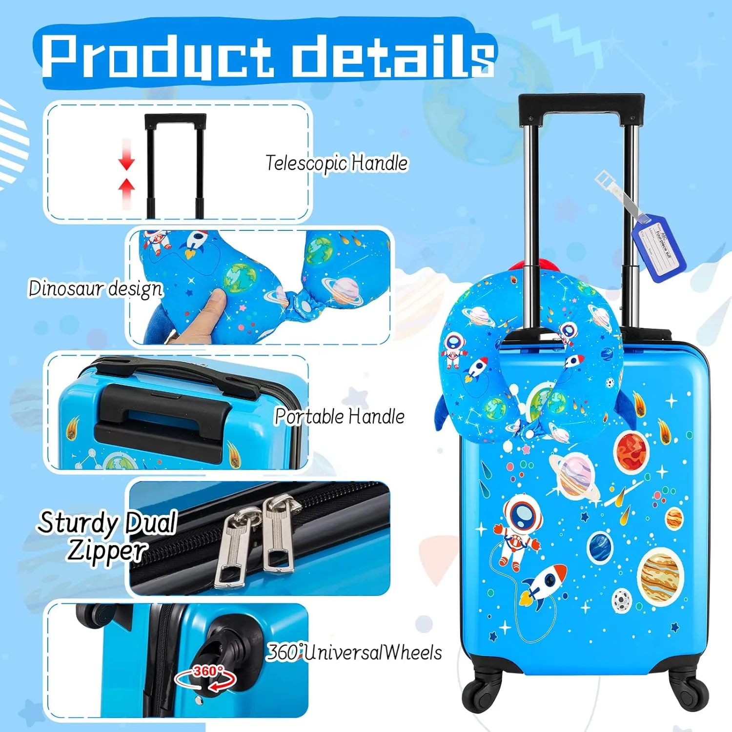 Sanwuta 4 Pcs Kids Luggage Set Kids Backpack Travel Rolling Suitcase with Wheels U-shape Pillow Childrens Gift for Girls Boys(17 Inch,Astronaut Style,Blue)