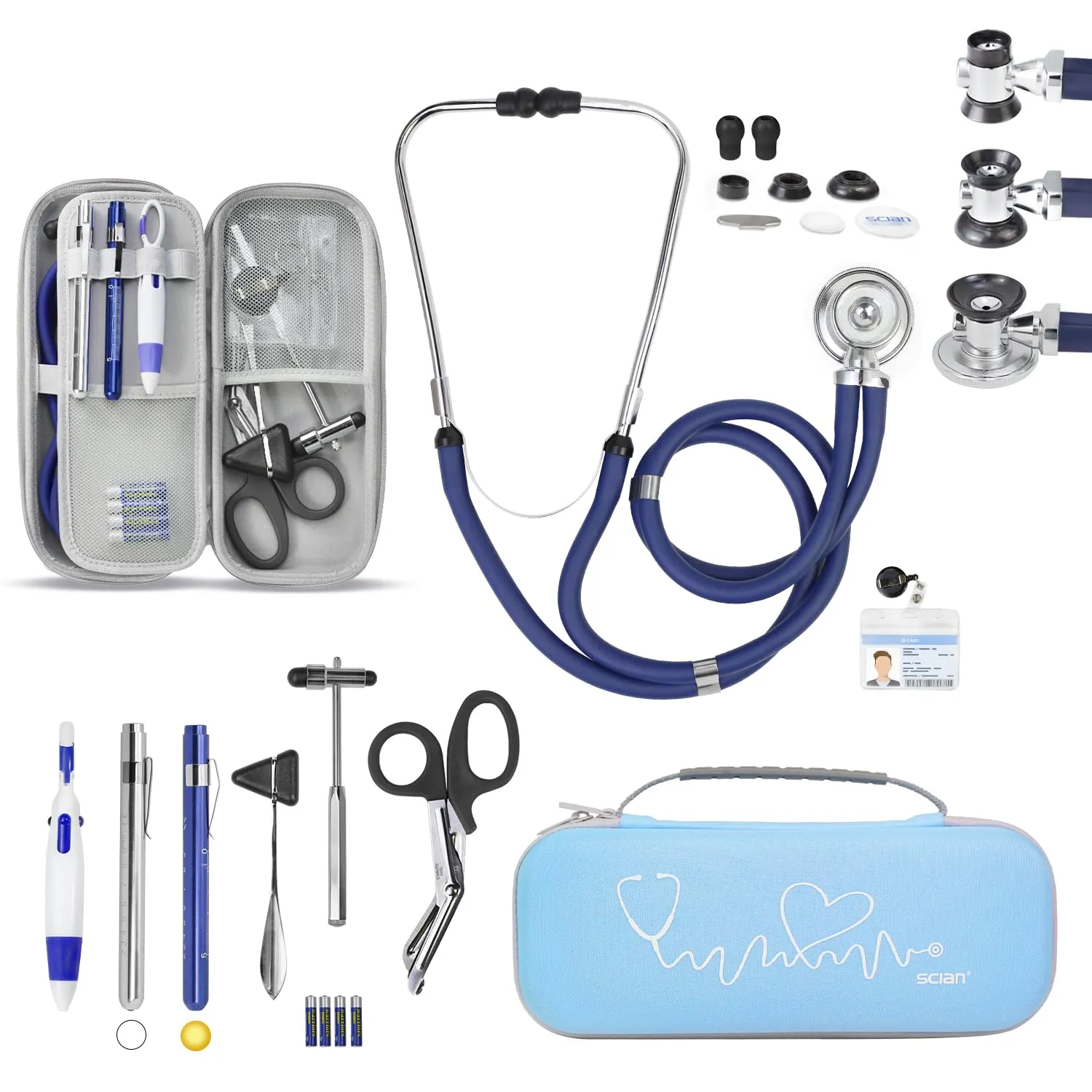 Scian 13 Pcs Stethoscope Case Kit, Supplies Inclued, Perfect Nurse Gift Include Stethoscope, Medical Scissors, Penlights, Badge Holders for Nurse Accessories for Work, Blue Portable First Aid Kit Bag