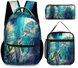 Sea Turtle Backpack with Lunch Box & Pencil Case for Kids Girls Boys School, 16 Inch Cute Sea Turtle Bookbag, School Backpack for Students Children, Lightweight, Large Capacity