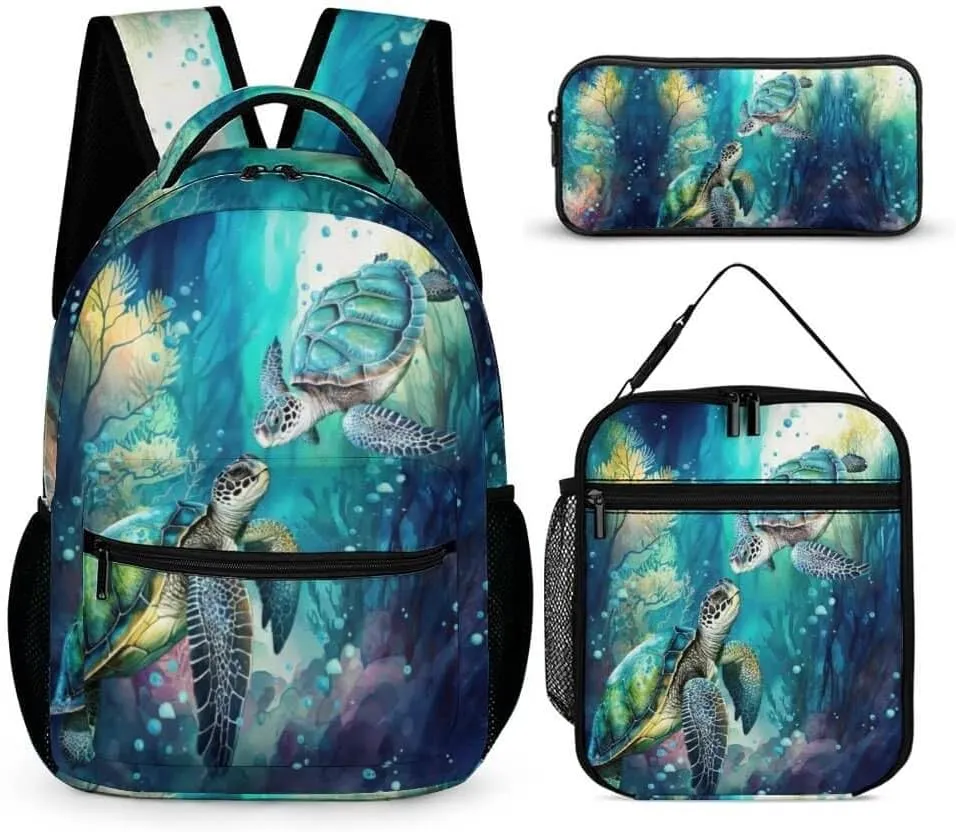 Sea Turtle Backpack with Lunch Box & Pencil Case for Kids Girls Boys School, 16 Inch Cute Sea Turtle Bookbag, School Backpack for Students Children, Lightweight, Large Capacity