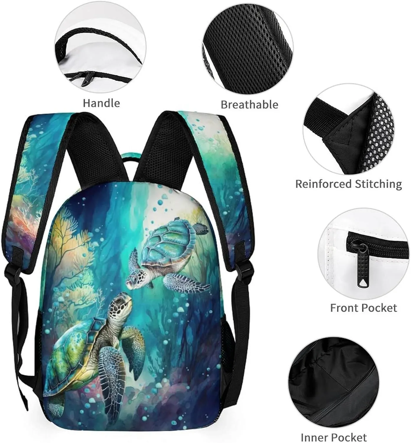 Sea Turtle Backpack with Lunch Box & Pencil Case for Kids Girls Boys School, 16 Inch Cute Sea Turtle Bookbag, School Backpack for Students Children, Lightweight, Large Capacity