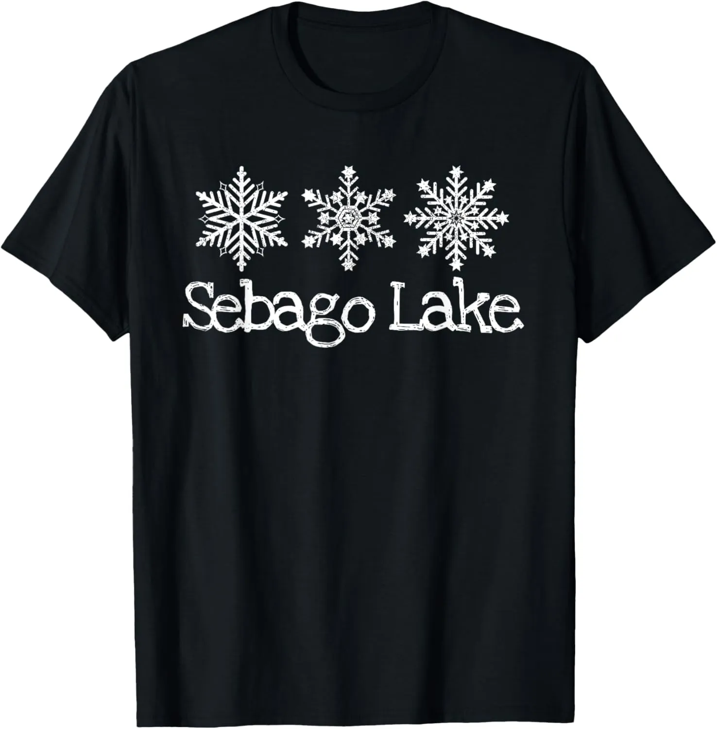 Sebago Lake Maine Snowflakes Winter Rustic Snowmobile Ski T-Shirt