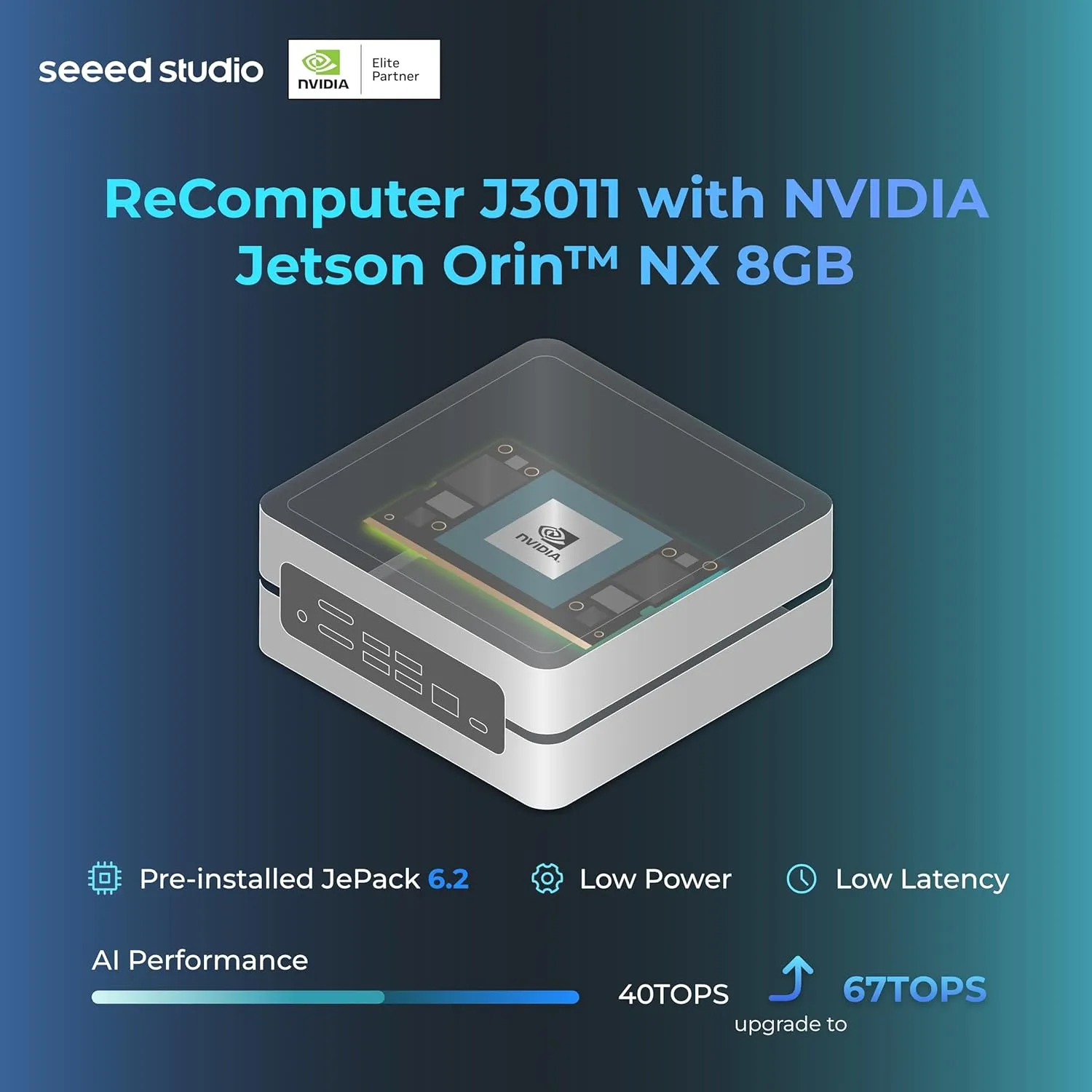 seeed studio NVIDIA Jetson Orin Nano 8GB Edge AI Device (Support Super Mode - reComputer J3011, 4xUSB 3.2, M.2 Key E & Key M Slot, pre-Built Jetpack 5.1.1(Super with JP6.2)