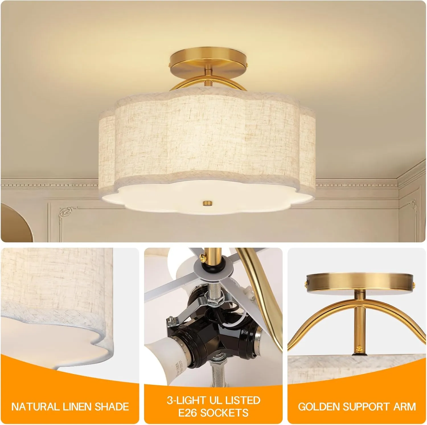 Semi Flush Mount Ceiling Light, 11.8" Modern 3-Light Fixture with Petal-Shaped Cream Beige Linen Shade and Golden Support Arm, Ideal for Bedroom, Kitchen, Living Room, Hallway, and Entryway