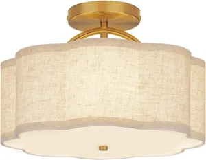 Semi Flush Mount Ceiling Light, 11.8" Modern 3-Light Fixture with Petal-Shaped Cream Beige Linen Shade and Golden Support Arm, Ideal for Bedroom, Kitchen, Living Room, Hallway, and Entryway