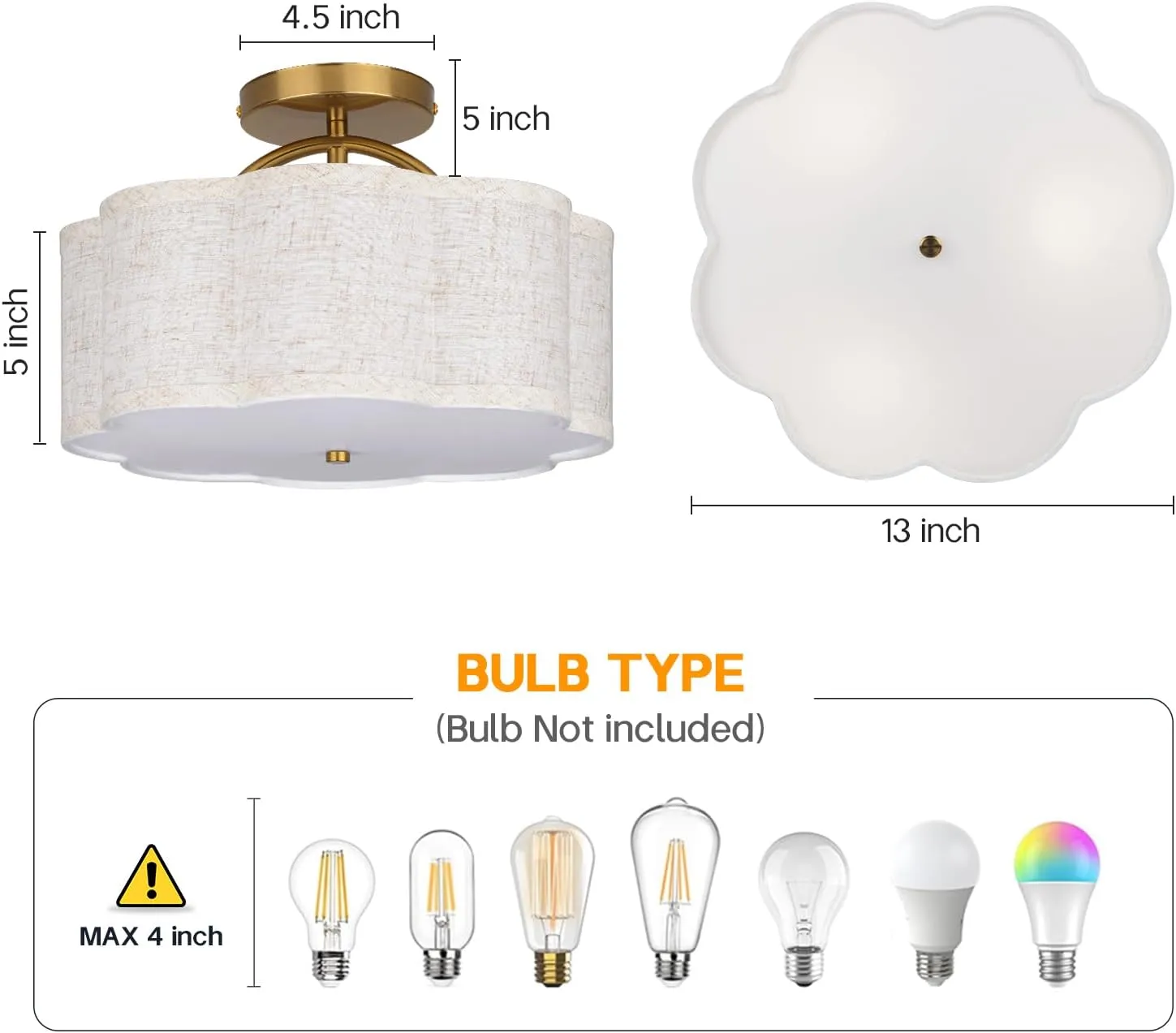 Semi Flush Mount Ceiling Light, 11.8" Modern 3-Light Fixture with Petal-Shaped Cream Beige Linen Shade and Golden Support Arm, Ideal for Bedroom, Kitchen, Living Room, Hallway, and Entryway