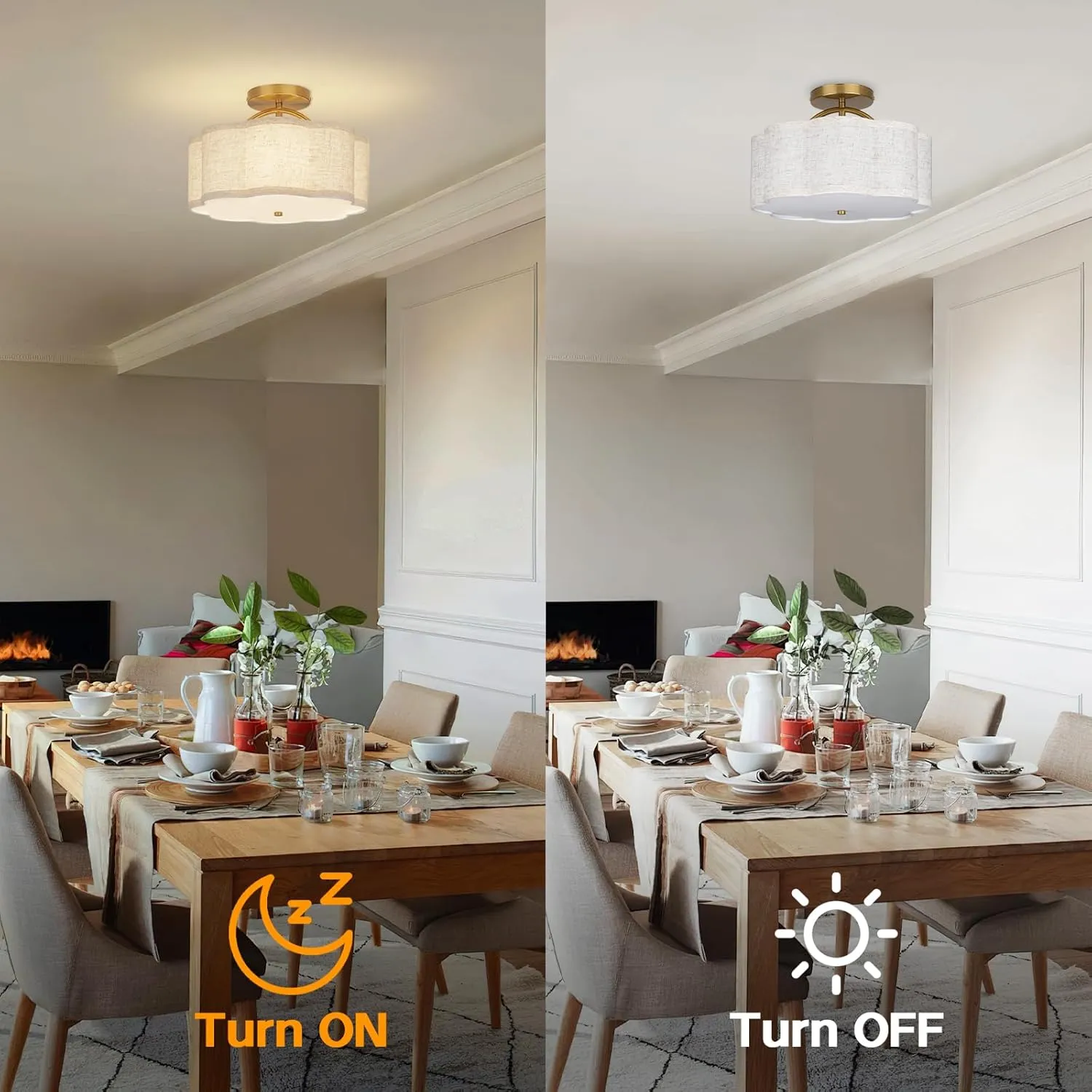 Semi Flush Mount Ceiling Light, 11.8" Modern 3-Light Fixture with Petal-Shaped Cream Beige Linen Shade and Golden Support Arm, Ideal for Bedroom, Kitchen, Living Room, Hallway, and Entryway