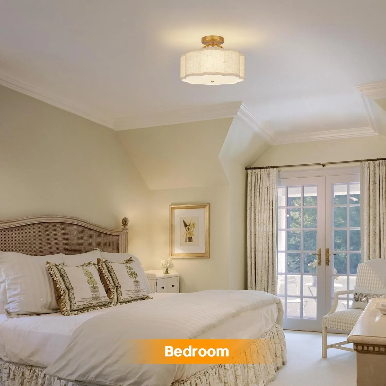 Semi Flush Mount Ceiling Light, 11.8" Modern 3-Light Fixture with Petal-Shaped Cream Beige Linen Shade and Golden Support Arm, Ideal for Bedroom, Kitchen, Living Room, Hallway, and Entryway