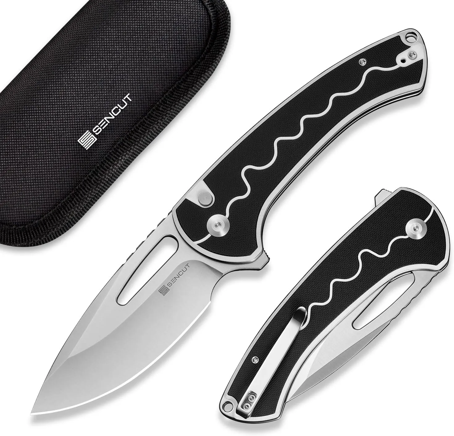 SENCUT Squiggy Pocket Knife, Camping Folding Knife with 3.89'' 9Cr18MoV Blade & G10 Handle, Reversible Clip for EDC Hiking S24082A-1 (White/Black)
