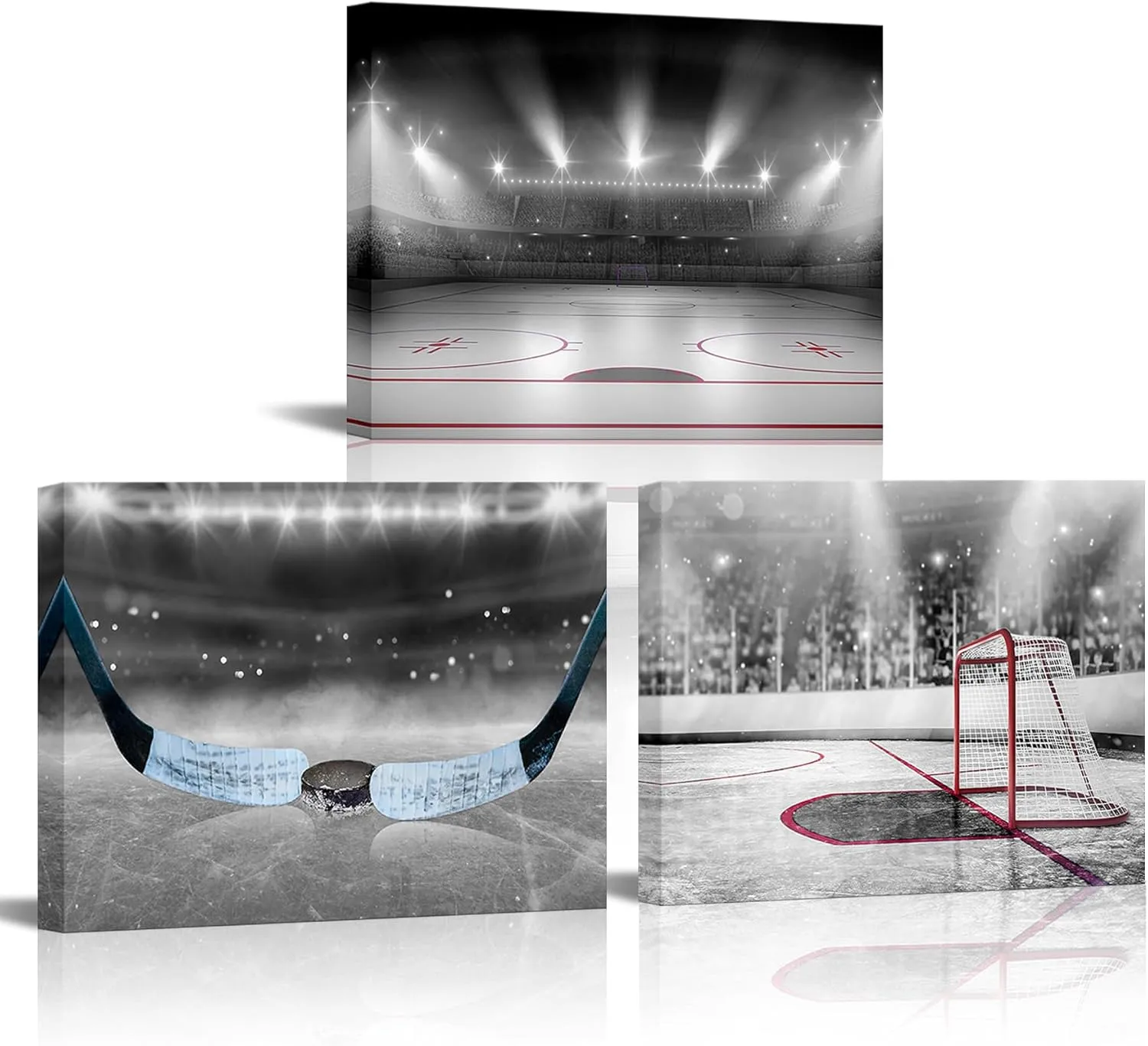 Sepwrol Hockey Canvas Wall Art - Stick and Stadium Printing Artwork for Living Room, Ice Rink, Gym Decor - Framed Ready to Hang 12x16inchx3