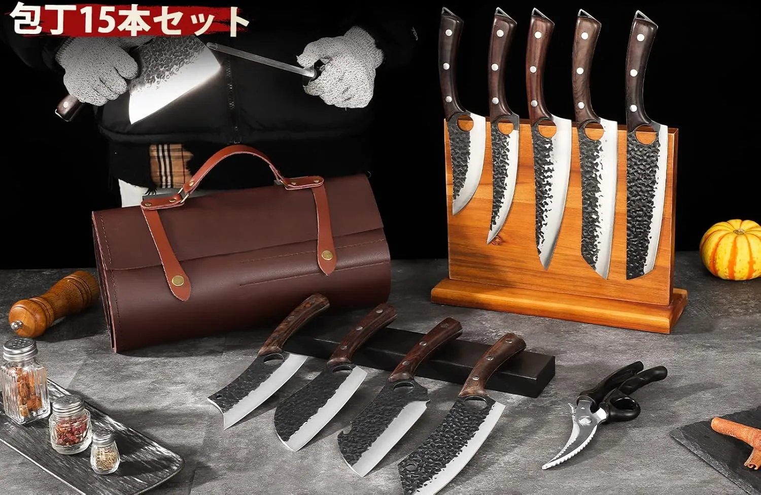 Serbian Chef Knife Set, Hand Forged Butcher Knife Set with Knife Bag, High Carbon Steel Kitchen Knives Set Meat Cleaver Boning Knife Viking Knives for Brisket Trimming, Gifts for Dad