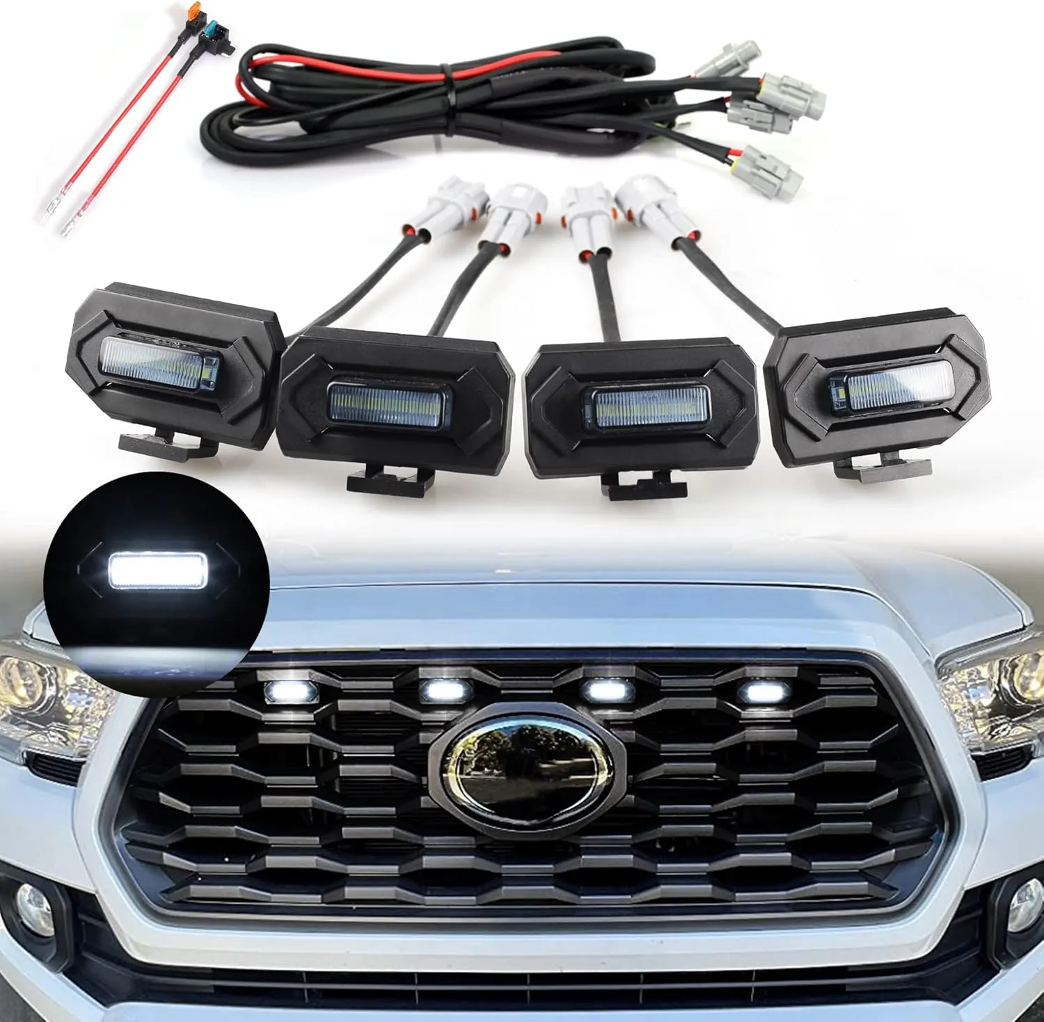 Seven Sparta Upgraded 4 PCS Grill Lights Compatible with 2020-2023 Toyota Tacoma Off Road & Sport OEM Grille Aftermarket Grille Light with Two Fuse Adaptors