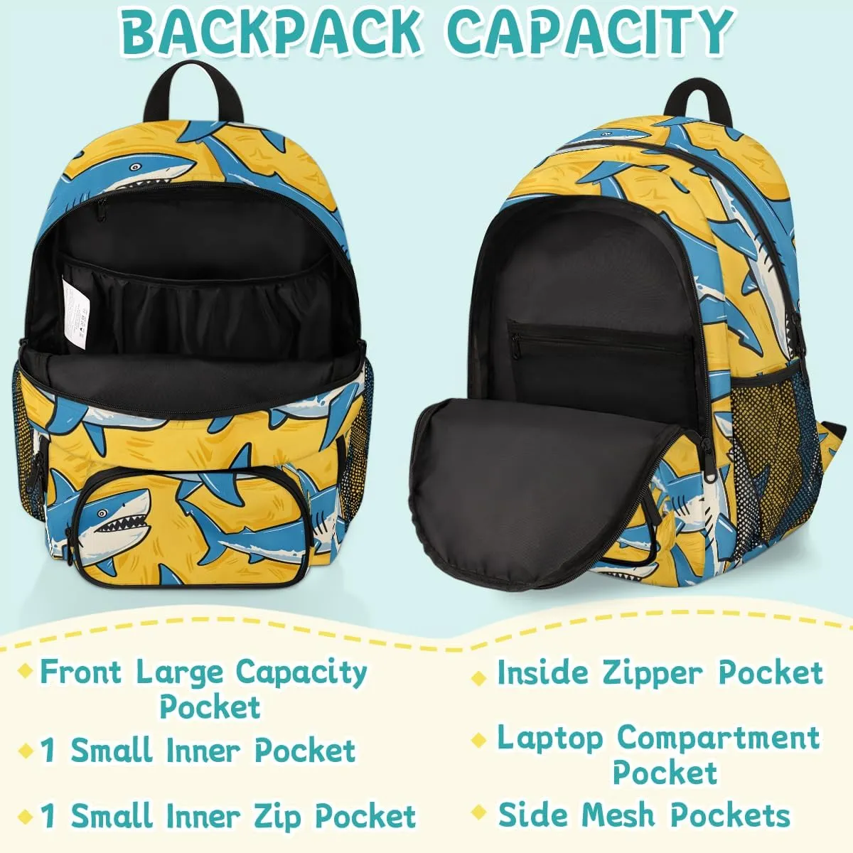 Sharks Carry on Travel Backpack for Women Men Water resistant Lightweight Rucksack Backpack for Weekender Casual Work Hiking Funny Shark