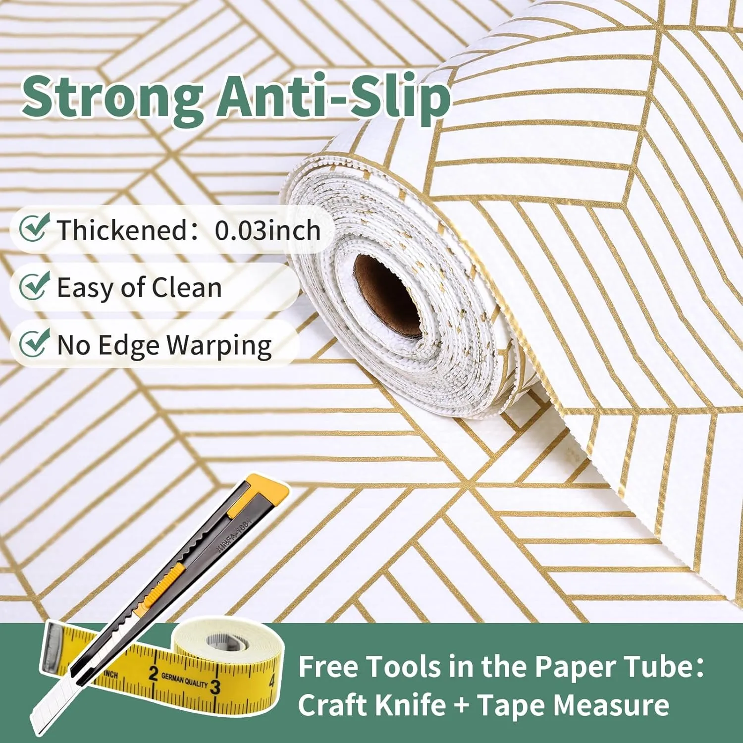 Shelf Liners for Kitchen Cabinets 12in x 20FT, Non Adhesive Cabinet Liner Strong Non-Slip Thickened Gold Geometric Drawer Liner, Easy to Clean for Shelf, Cabinet with Knife and Tape Measure
