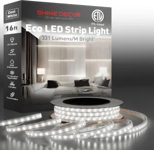 Shine Decor LED Eco Strip Light 6000K Cool White, Cold Resistant Waterproof 1655 Lumens Bright Rope Light, 120V End-to-end Connectable Lighting Strips Cuttable for Indoor Outdoor, 16 FT ETL Listed