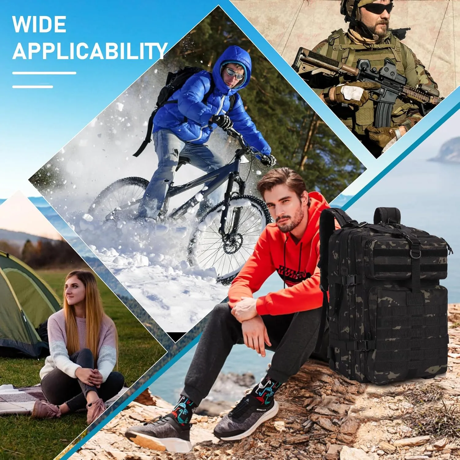 ShowyLive 3P Tactical Backpack Military Rucksack - 45L Large Hiking Backpack Waterproof, Durable Camping Backpack for Men Women, Travel Outdoor Sports Bug Out Bag (Black CP)