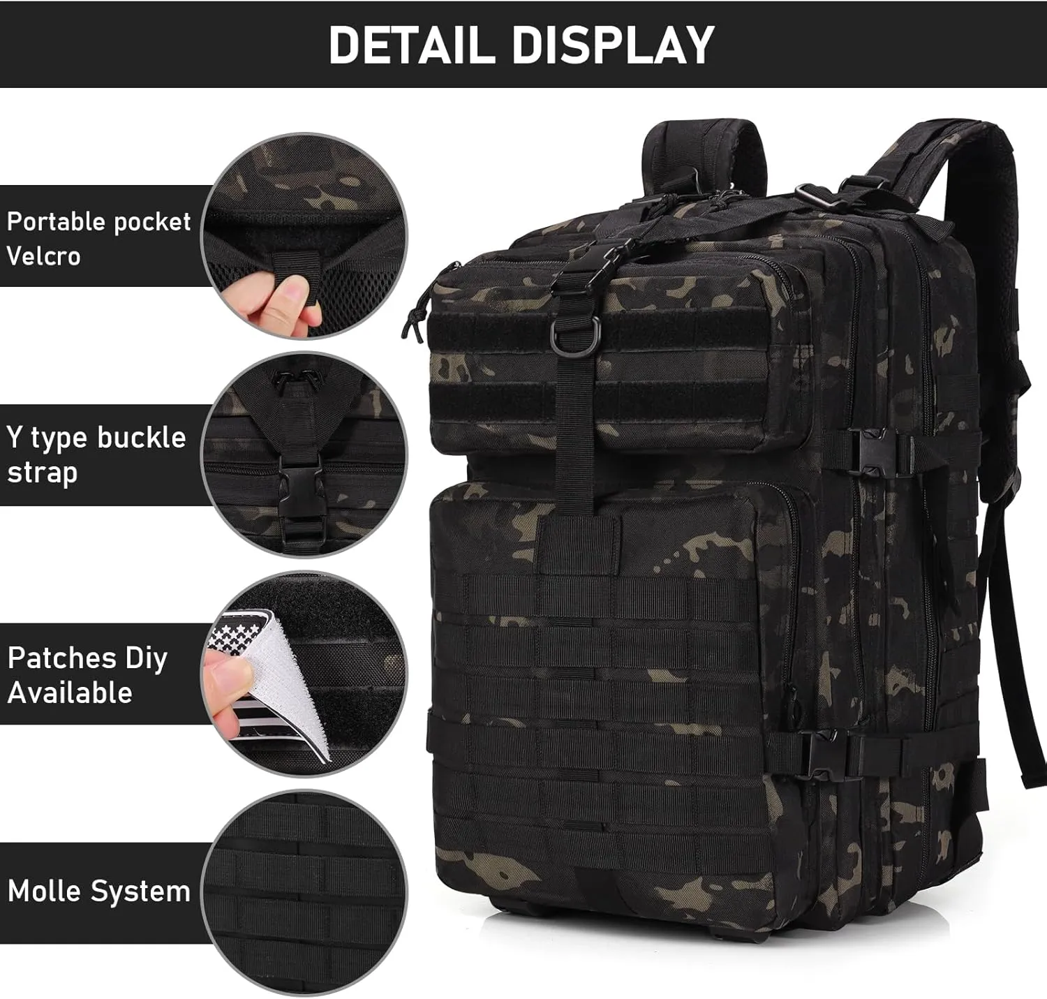ShowyLive 3P Tactical Backpack Military Rucksack - 45L Large Hiking Backpack Waterproof, Durable Camping Backpack for Men Women, Travel Outdoor Sports Bug Out Bag (Black CP)