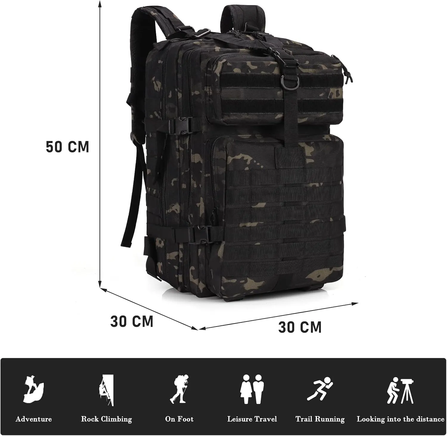 ShowyLive 3P Tactical Backpack Military Rucksack - 45L Large Hiking Backpack Waterproof, Durable Camping Backpack for Men Women, Travel Outdoor Sports Bug Out Bag (Black CP)