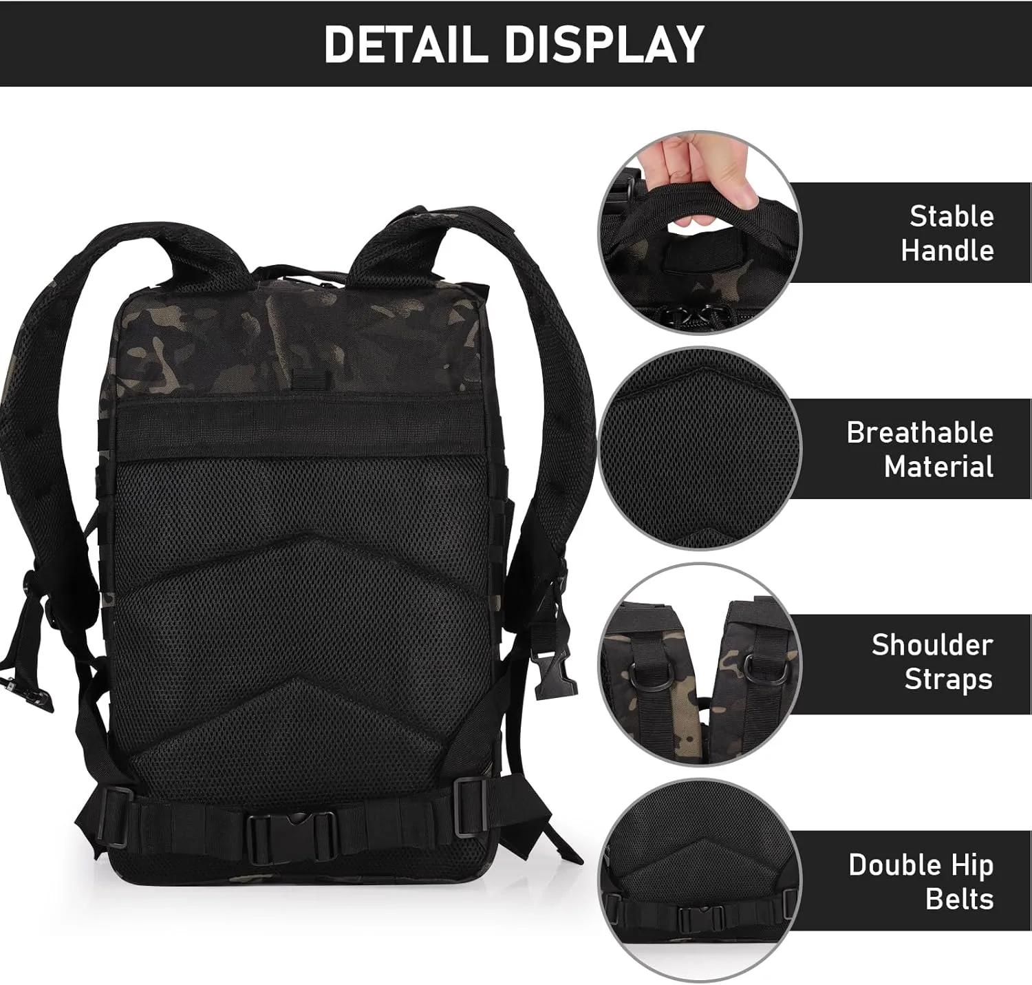 ShowyLive 3P Tactical Backpack Military Rucksack - 45L Large Hiking Backpack Waterproof, Durable Camping Backpack for Men Women, Travel Outdoor Sports Bug Out Bag (Black CP)