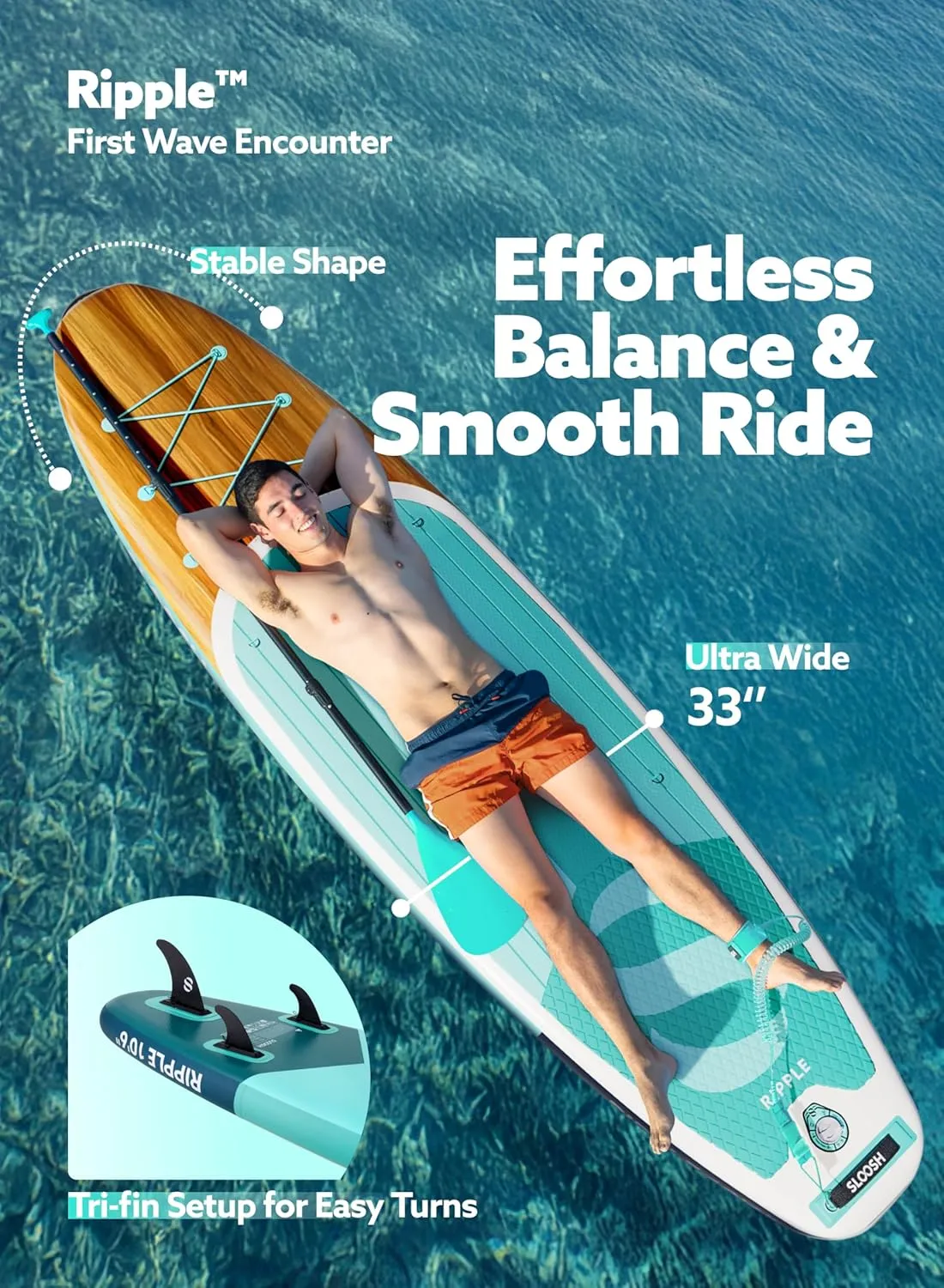 SLOOSH Inflatable Stand Up Paddle Board, 10'6" Paddle Boards with Premium Accessories, Non-Slip EVA Deck, Ultra-Light Carry Bag Pump, Ripple SUP for Youth & Adults of All Skill Levels