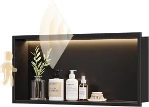 Smart Body Sensor Wall Niche, Black 24x12 3000K LED Recessed Shower Niche, Warm White 3000K Light Strip, Stainless Steel Bathroom Cabinet, NO Tile Needed for Shower Wall