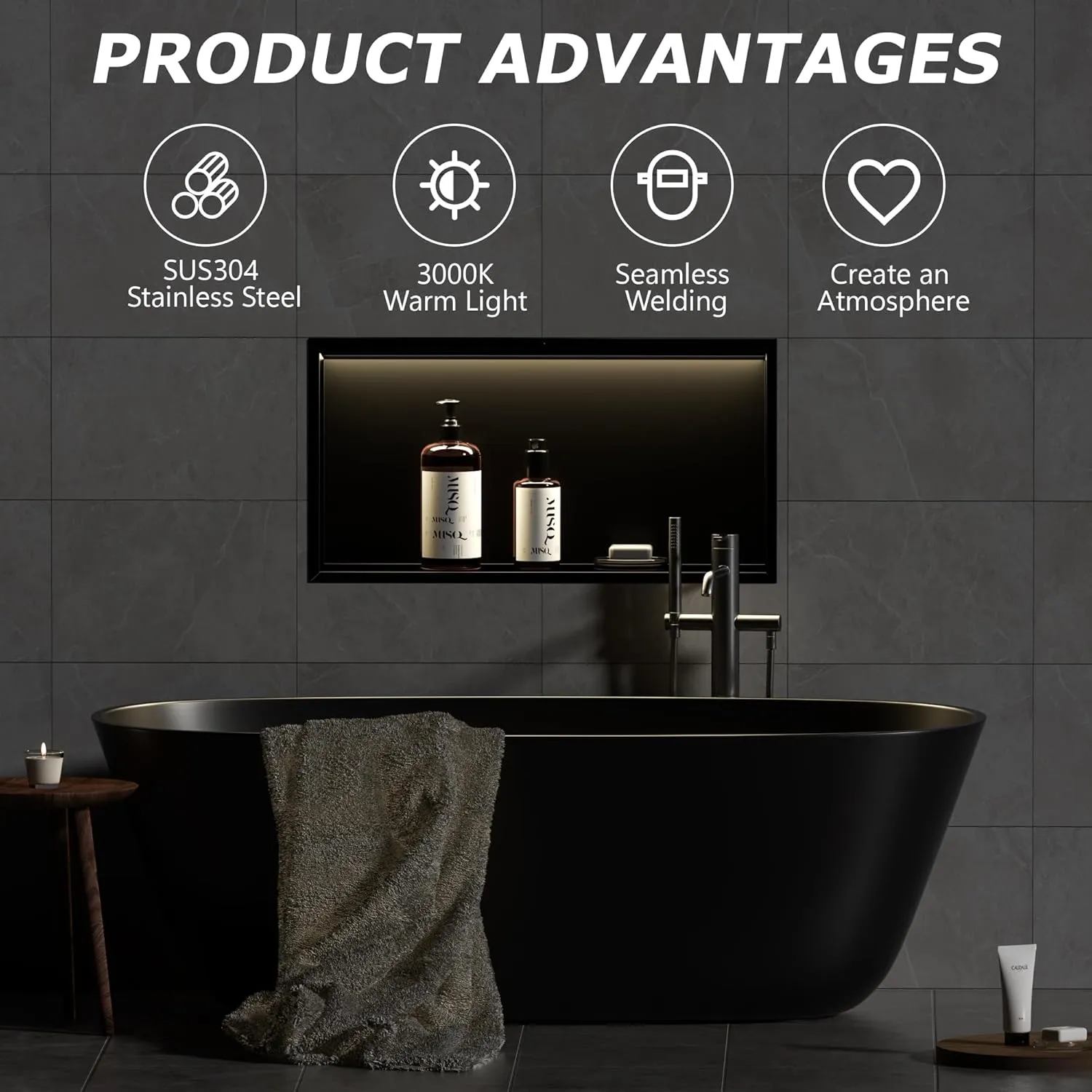 Smart Body Sensor Wall Niche, Black 24x12 3000K LED Recessed Shower Niche, Warm White 3000K Light Strip, Stainless Steel Bathroom Cabinet, NO Tile Needed for Shower Wall