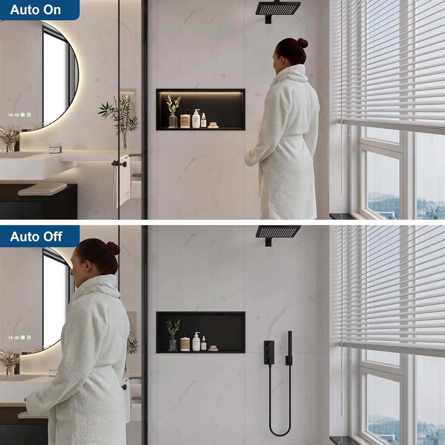 Smart Body Sensor Wall Niche, Black 24x12 3000K LED Recessed Shower Niche, Warm White 3000K Light Strip, Stainless Steel Bathroom Cabinet, NO Tile Needed for Shower Wall