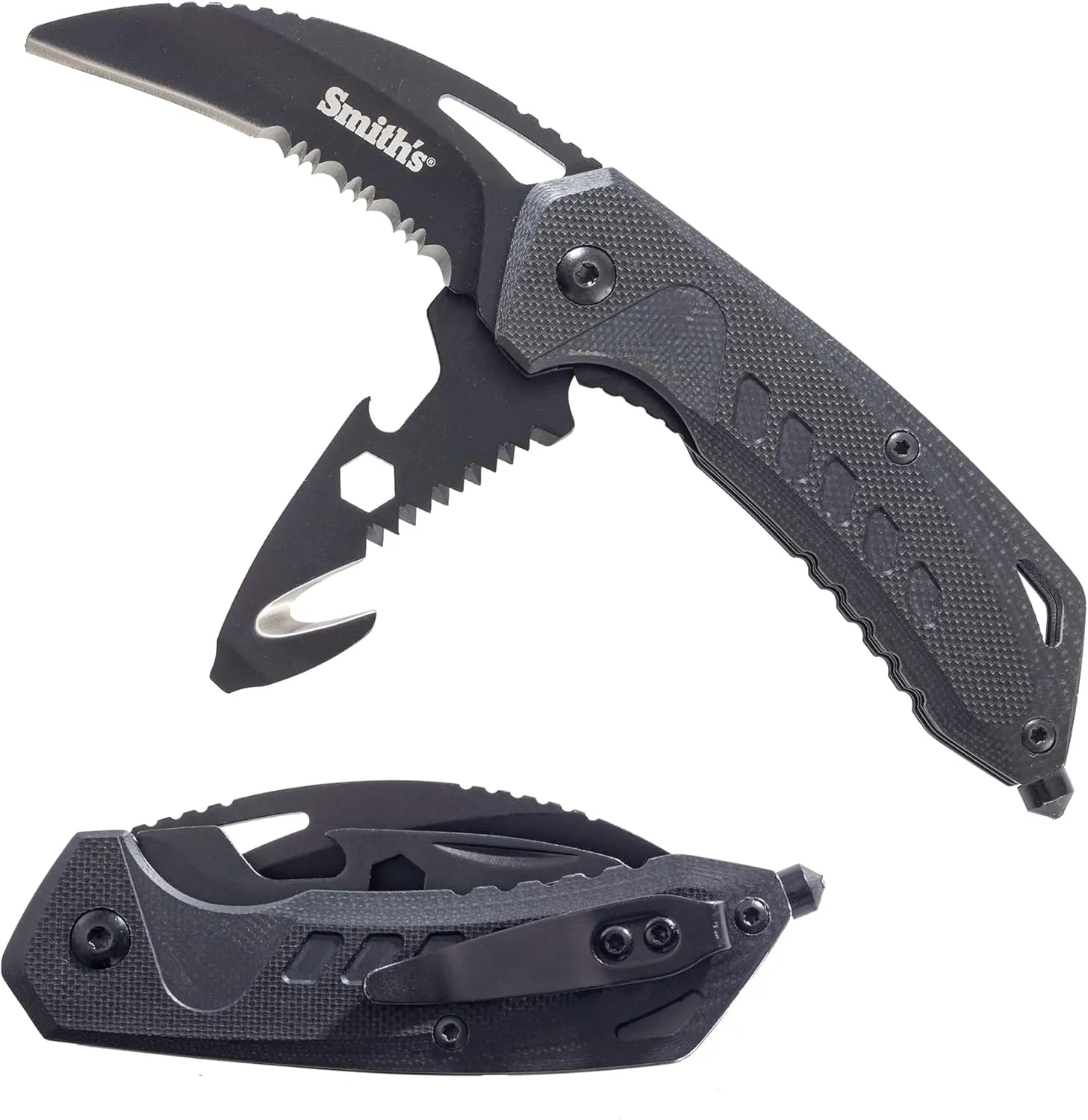 Smith's 51265 Rescue 2-Blade Folding Knife   G10 Rugged Handle – Cord Cutter, Hex Wrench, Hand Saw, Bottle Opener – Slim Design, Flip Open, Pocket Clip – Everyday Carry – Gift for Men